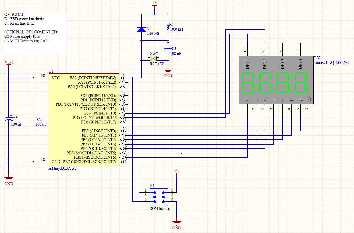 Schematic for muiltplexing two seven segment displays with a ATTiny2313a