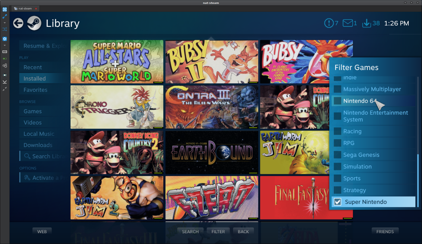 Steam Big Picture list with many Super Nintendo games