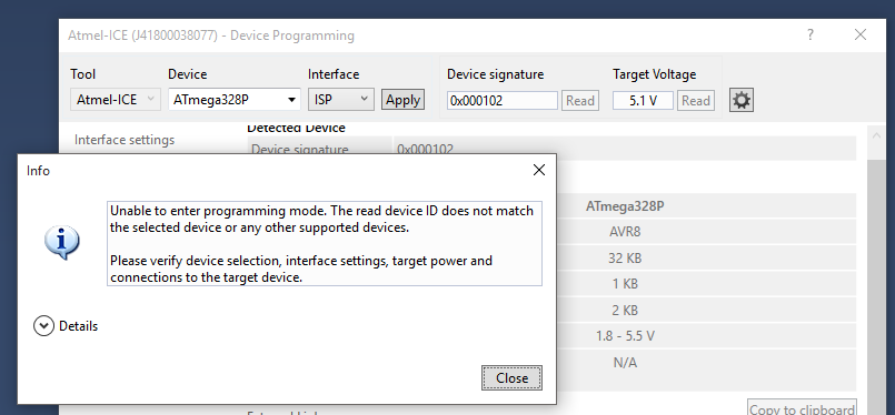 Picture of Atmel Studio 7 returning devide 0x000102 after a reset line short to ground