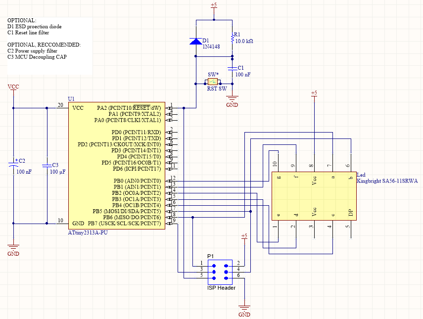 Schematic for ATTiny2313a Seven Segment display