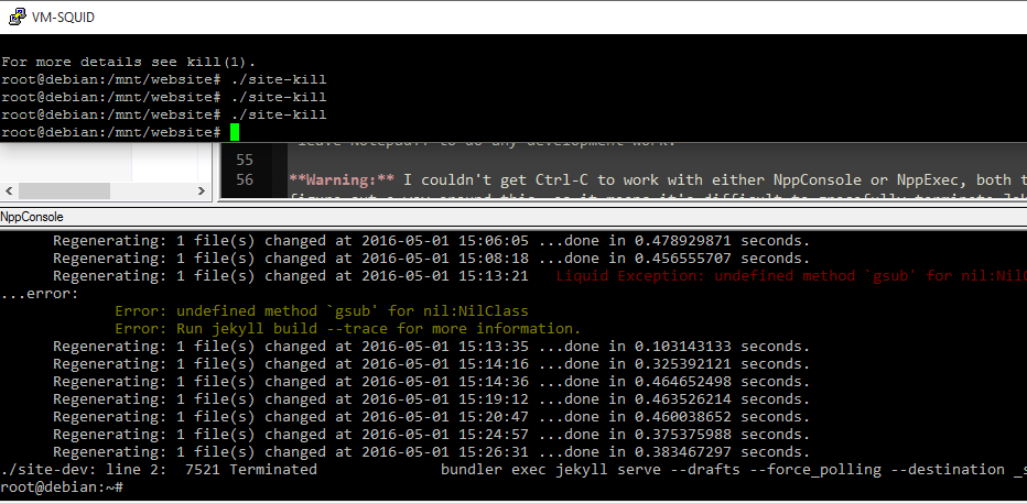 Picture of using external ssh script to kill jekyll window instead of killing notepad++ CLI