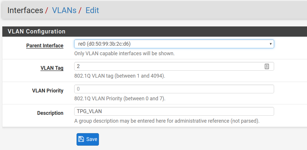 pfSense VLAN setting of 2 for TPG NBN